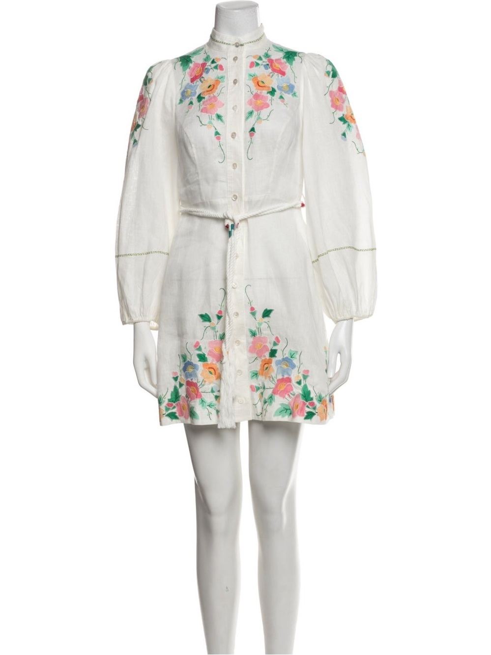 Zimmermann White Linen Mini Dress with Multicolor Floral Embroidery